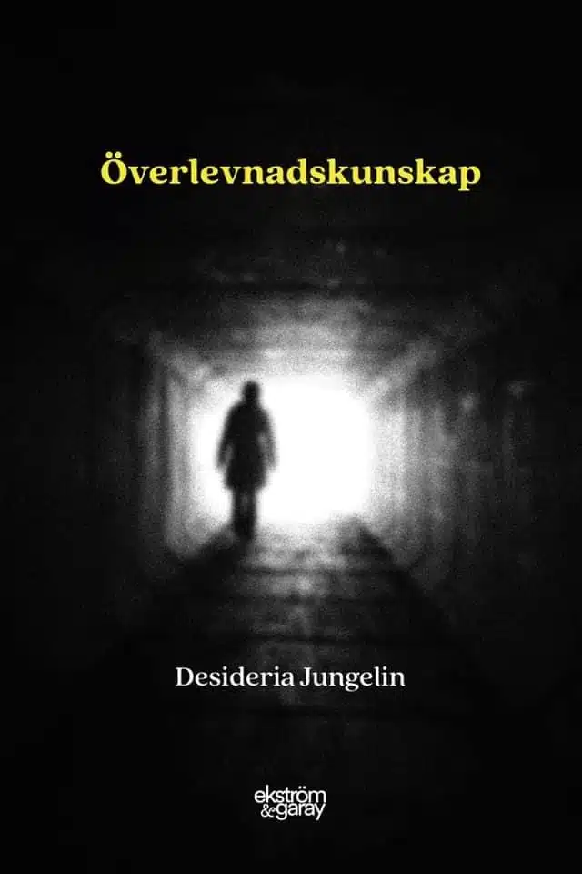 Bokomslag Överlevnadskunskap, Desideria Jungelin. Mörk, svart förgrund med vit tunnellik öppning i mitten med suddig kontur av en stående person vid öppningen. Bolkförlag: Ekström & Garay