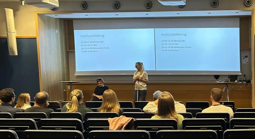 Eddie och Annika föreläser på scen inför deltagare. Man ser föreläsarna framifrån med deltagarnas huvuden bakifrån.