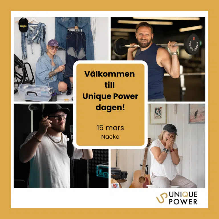 Kollagebild med texten Välkommen till Unique Power dagen framför fyra foton med Louise Linderoth, Fatmir Seremeti, Joel Lunell och Louise Hoffsten.