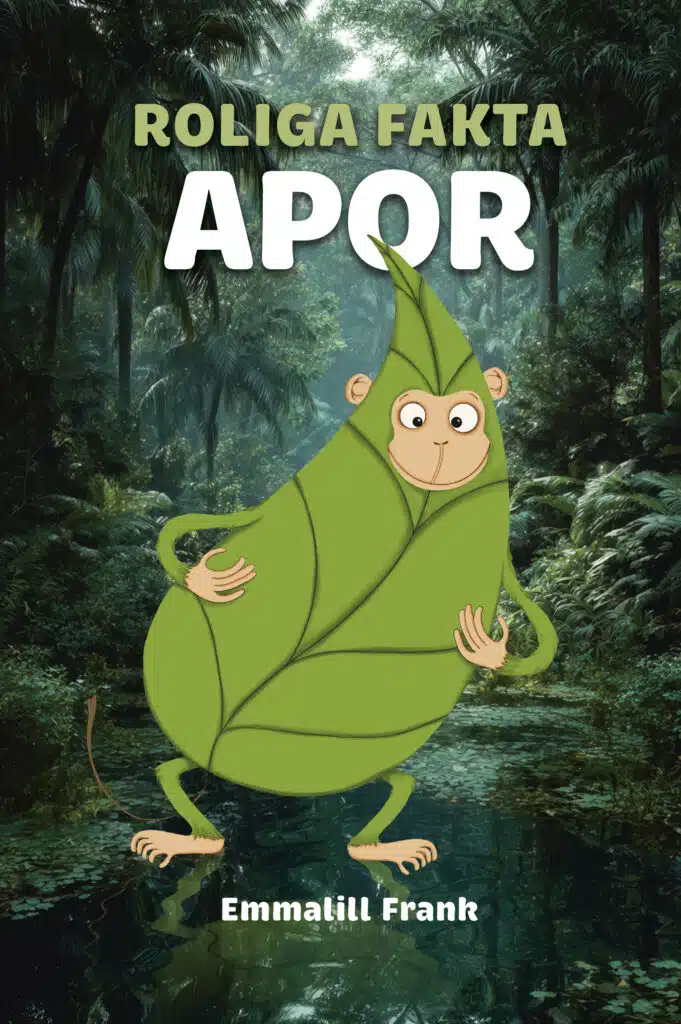 Bokomslag roliga fakta om apor med en illustration av en grön apa med en kropp formad som ett löv. I bakgrunden syns en mörkgrön djungel.