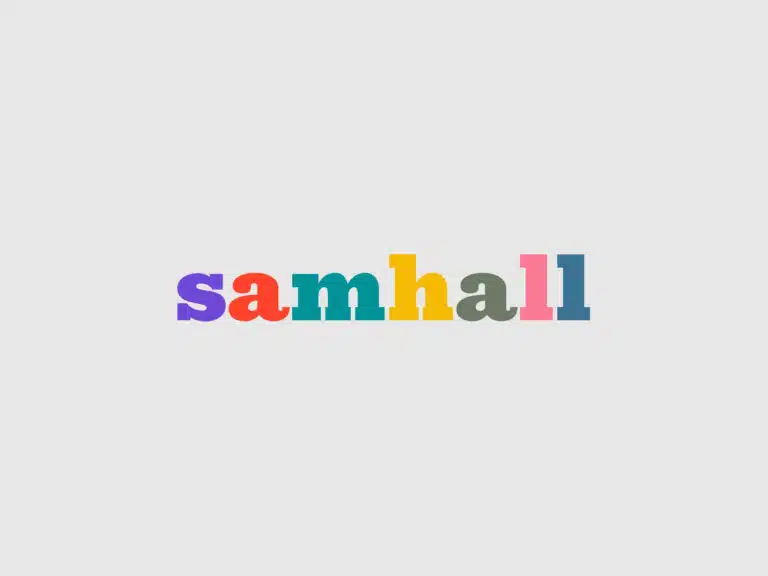 Samhall logo där bokstäverna har varsin färg, lila, röd, turkos, gul, grön, rosa, blå.